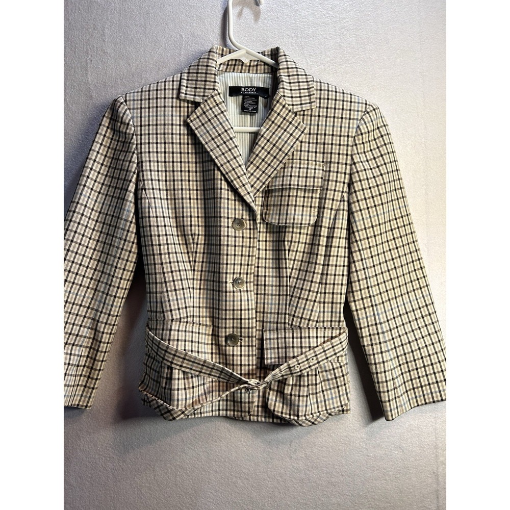Body by Victoria Women's Beige/Black/Blue Plaid Belted Fitted‎ Button Blazer 0
